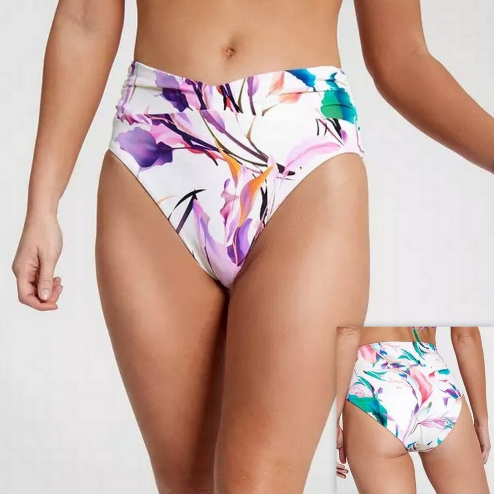 CALIA Women's High Rise Shirred V Front Swim Bottoms Cream/Multi XS, S, M, XL